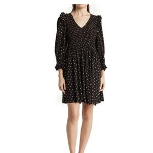 Women’s Madewell Lucie V Neck Smocked Mini Dress black & gold Dots Extra Small